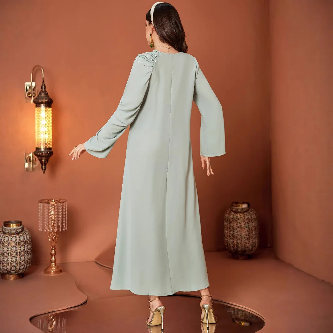 Women Light Green Solid Color Diamond Asymmetrical Sleeve V-neck Loose Fit Trendy Abaya Dress Middle East Muslim Clothes Loriya