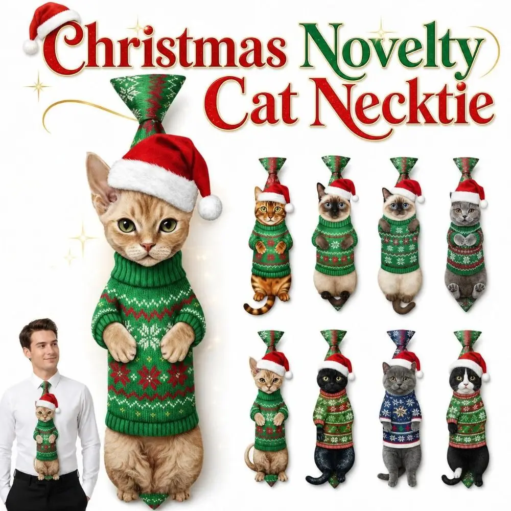 Cat Printed Christmas Novelty Necktie Lightweight Lifelike Animal Printed Neck Tie Satin Fabric Fun Party Necktie Party, Holiday