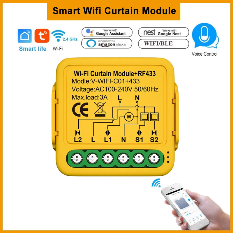 WiFi+RF433 Curtain Switch Relay Module Venetian Blind Switch Window On-off Device Window Shade Switch Support Google Alexa