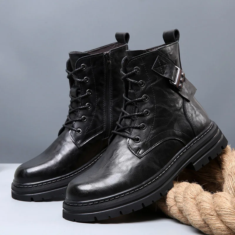 Men Handmade High-Top Boots High-quality Fashion Non-slip Motorcycle Boots Genuine Leather Men's Shoes Ankle Boots Leather Shoes