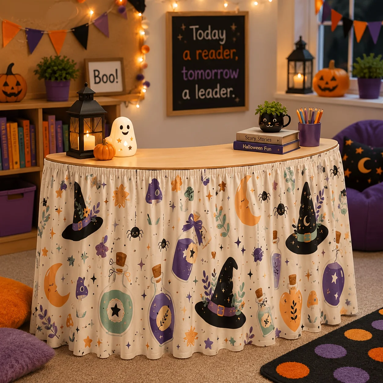 One tablecloth or table skirt, cute witch Halloween table skirt, witch hat, magic potion, midday round mushroomzyc