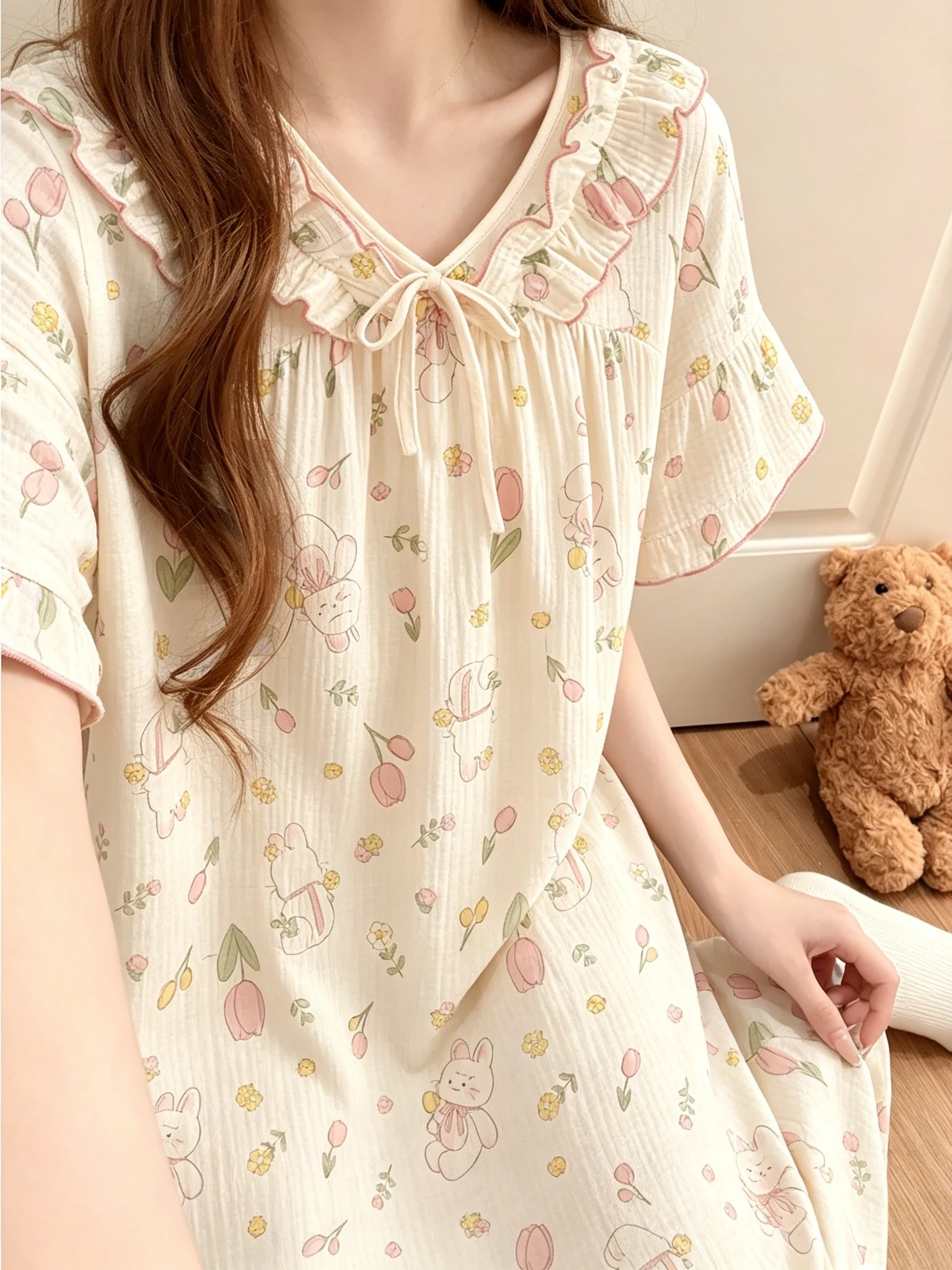純綿-a-クラス二重層子供用寝間着夏新着ビッグキッズナイトガウン女性のホーム服-v-ネック半袖