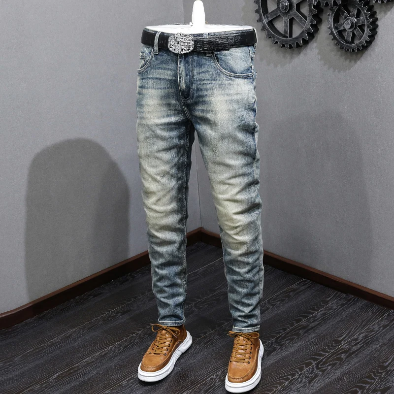 

Streetwear Fashion Men Jeans High Quality Retro Blue Elastic Slim Fit Ripped Jeans Men Trousers Vintage Designer Pants Hombre