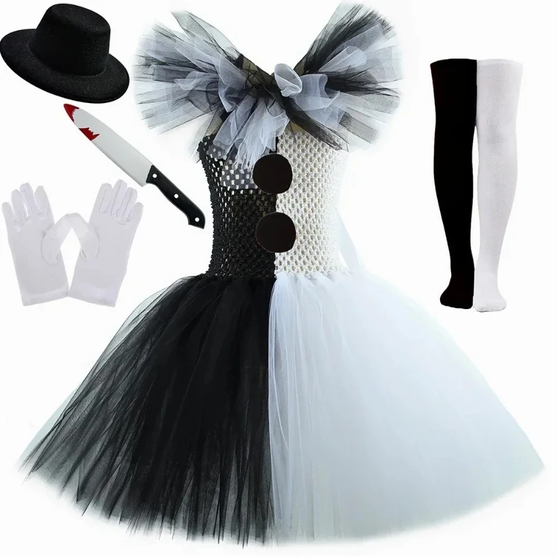 White Black Terrifier Clown Costumes for Girls Fancy Tutu Dress Up Horror Joker Dress for Kids Halloween Carnival Party Costumes