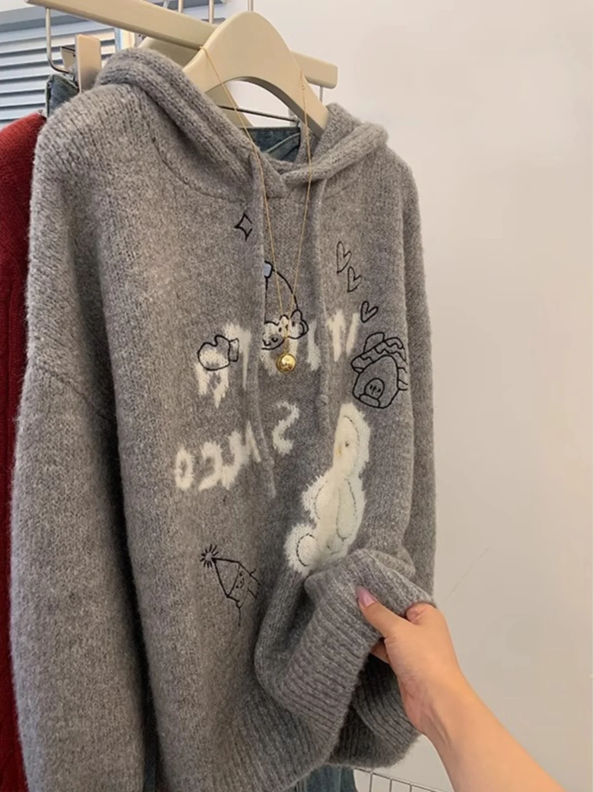 مقنعين طويلة Sve البلوز كلية Sle كسول الدب Fce لينة مريحة المرأة الخريف الشتاء محبوك أعلى منتصف طول #3