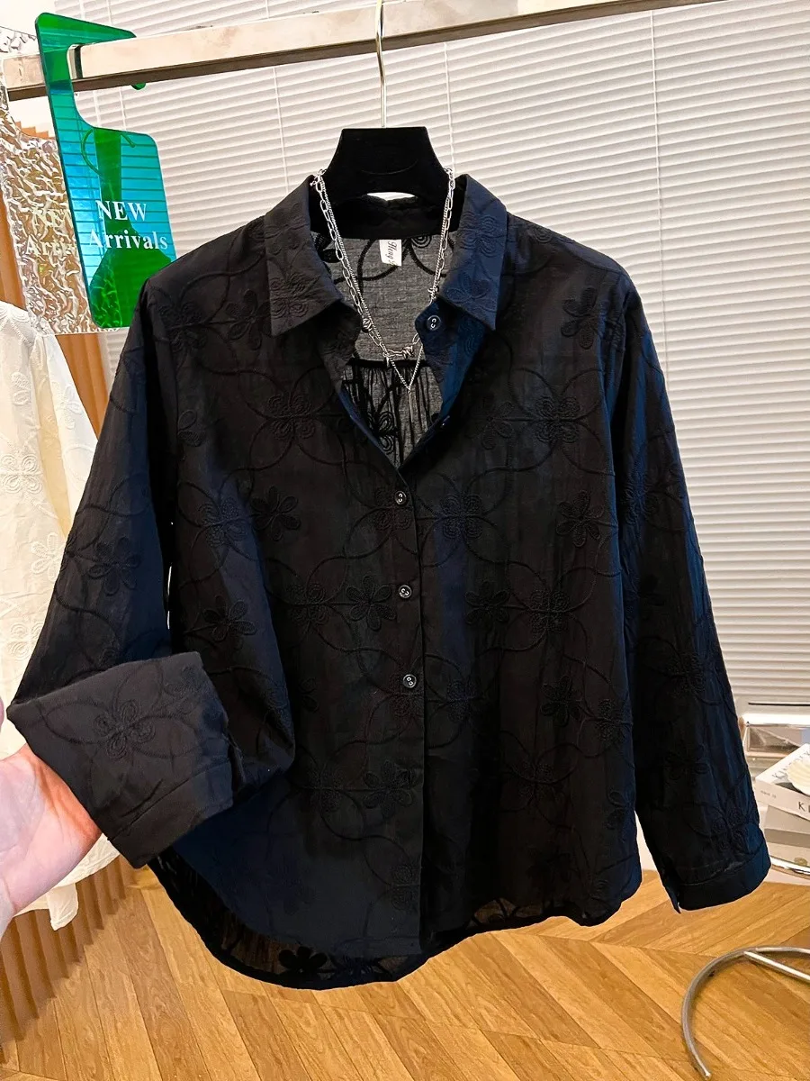 Sweet Sle Loose Fit Cotton irt Women's Pure Color Embroidered Flower Button up Casual Breathable Long Sve  Ne