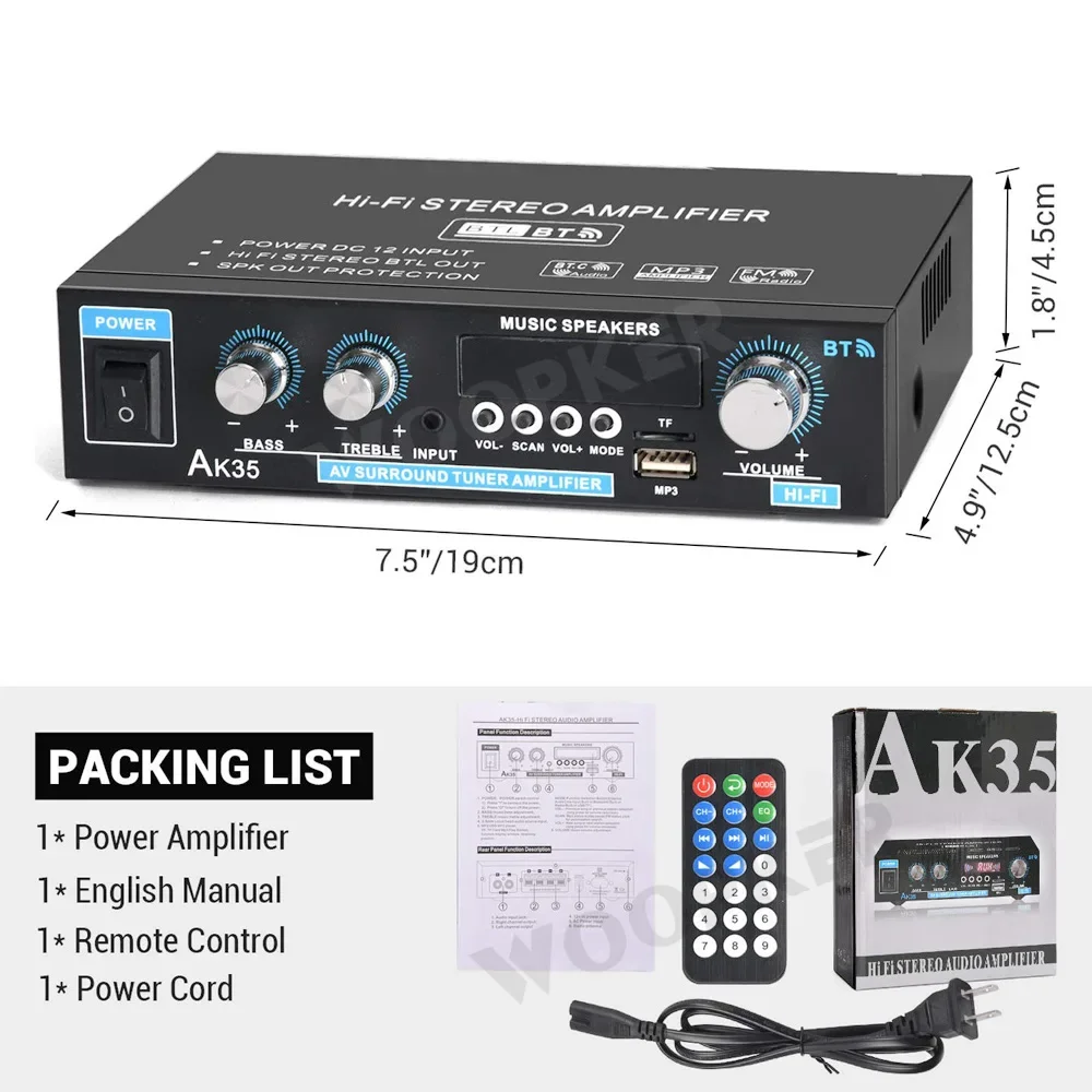 WOOPKER AK35 800 Вт усилитель звука канал 2,0 Bluetooth 5,0 HIFI цифровые усилители 100 В-240 В FM USB пульт дистанционного управления для домашнего автомобиля