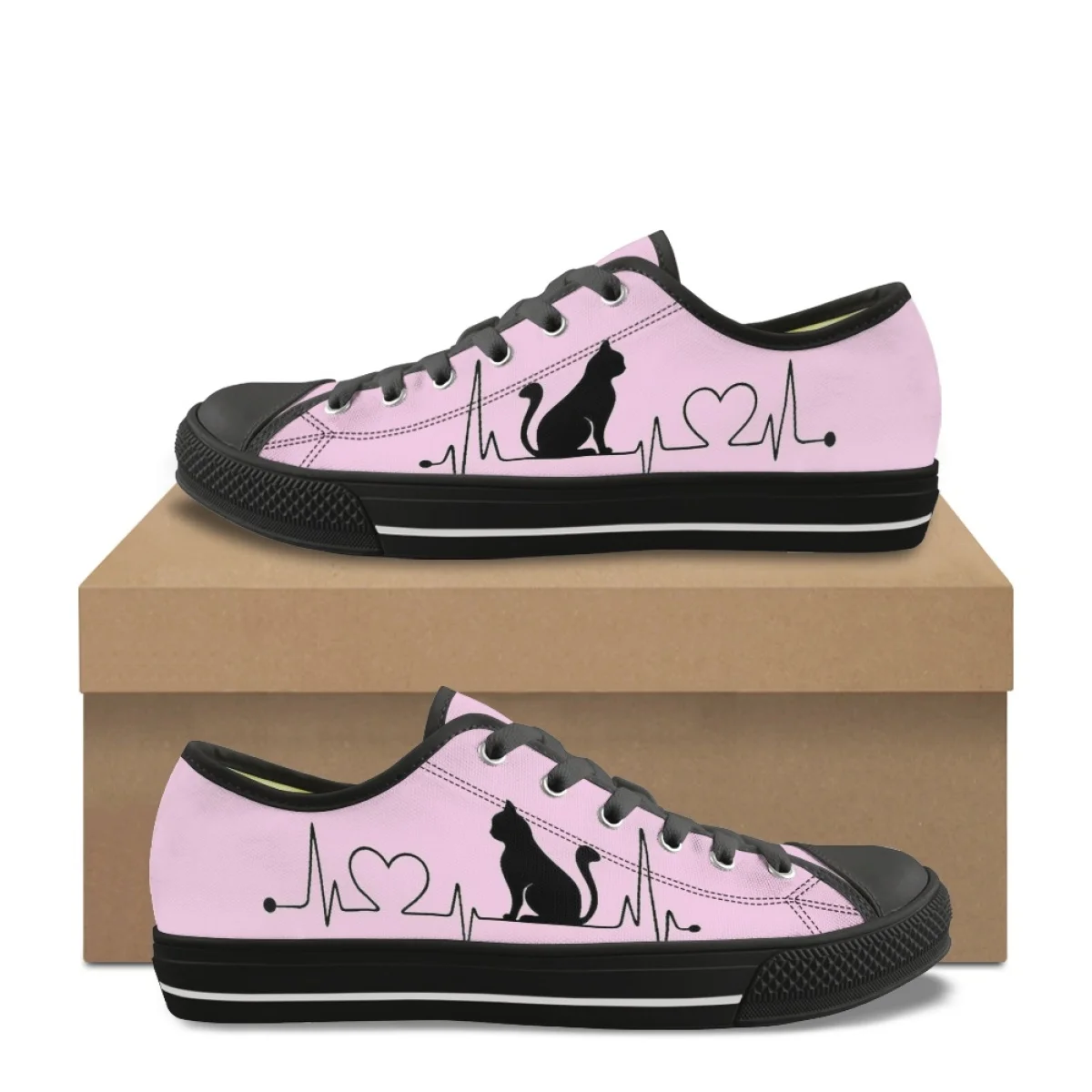 Cartoon Cat Heartbeat Line Print Casual Shoes for Women Summer Autumn New Outdoor Sneakers Classic Lace Up Low Top Canvas Shoes