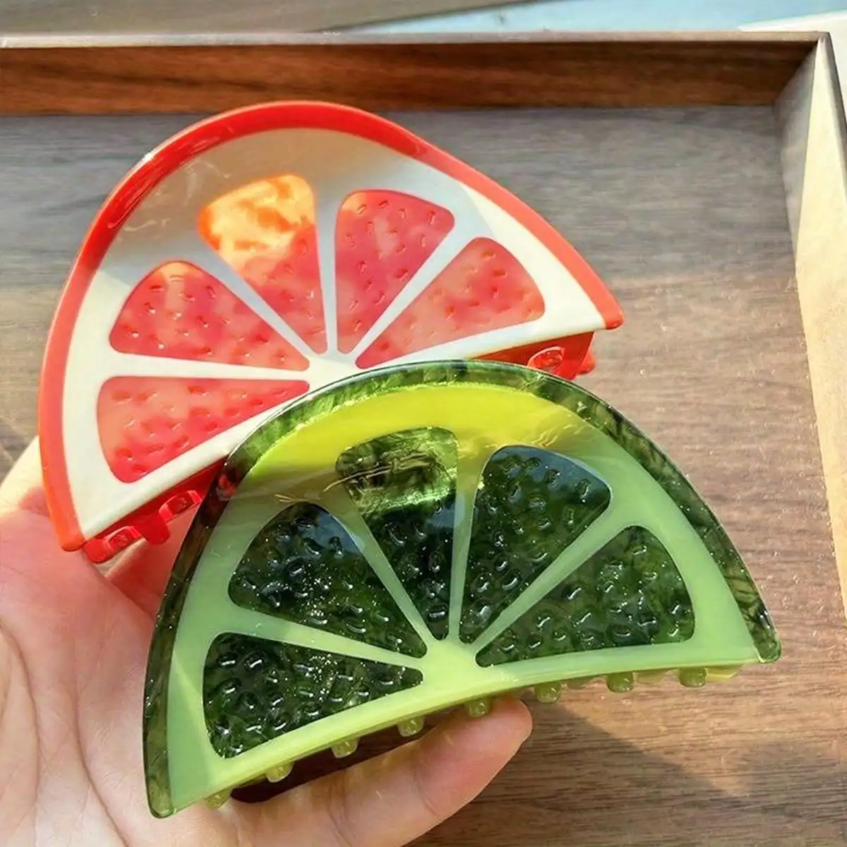 1pc style fruit shaped hair clip, made of vinegar material, with grapefruit and avocado color scheme design, large size