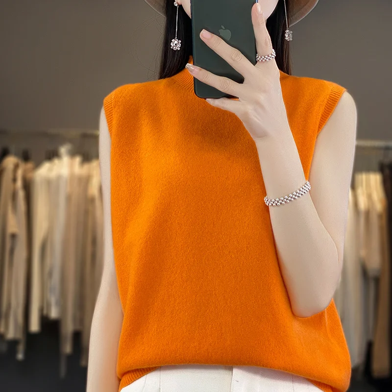 New Spring And Autumn High-end Half turtleneck Sleeveless Women\'s Knitted Woolen Sweater Sleeveless Top Vest WQ811