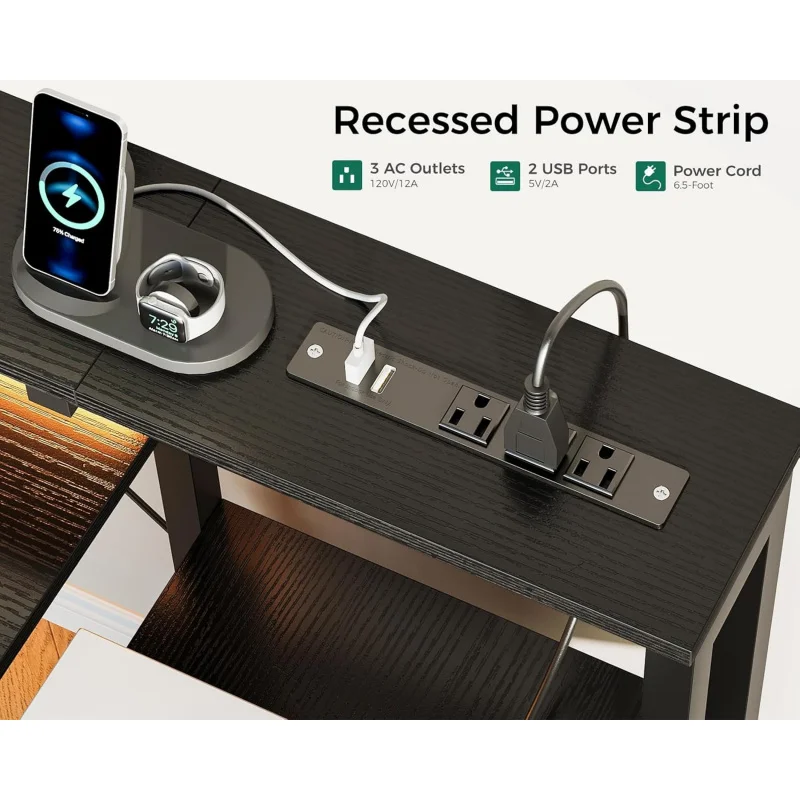 48-Inch Gaming Desk with Power Outlets & LED Light, Reversible PC Desk with Fabric Drawer and File Cabinet, Computer Desk with K