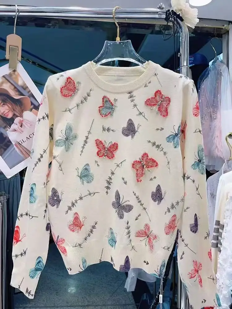 

Сверкающий свитер с блестками и камнями для женщин, осень/зима 2023, новая трендовая верхняя одежда, свитера, трикотаж, пуловер, женская одежда