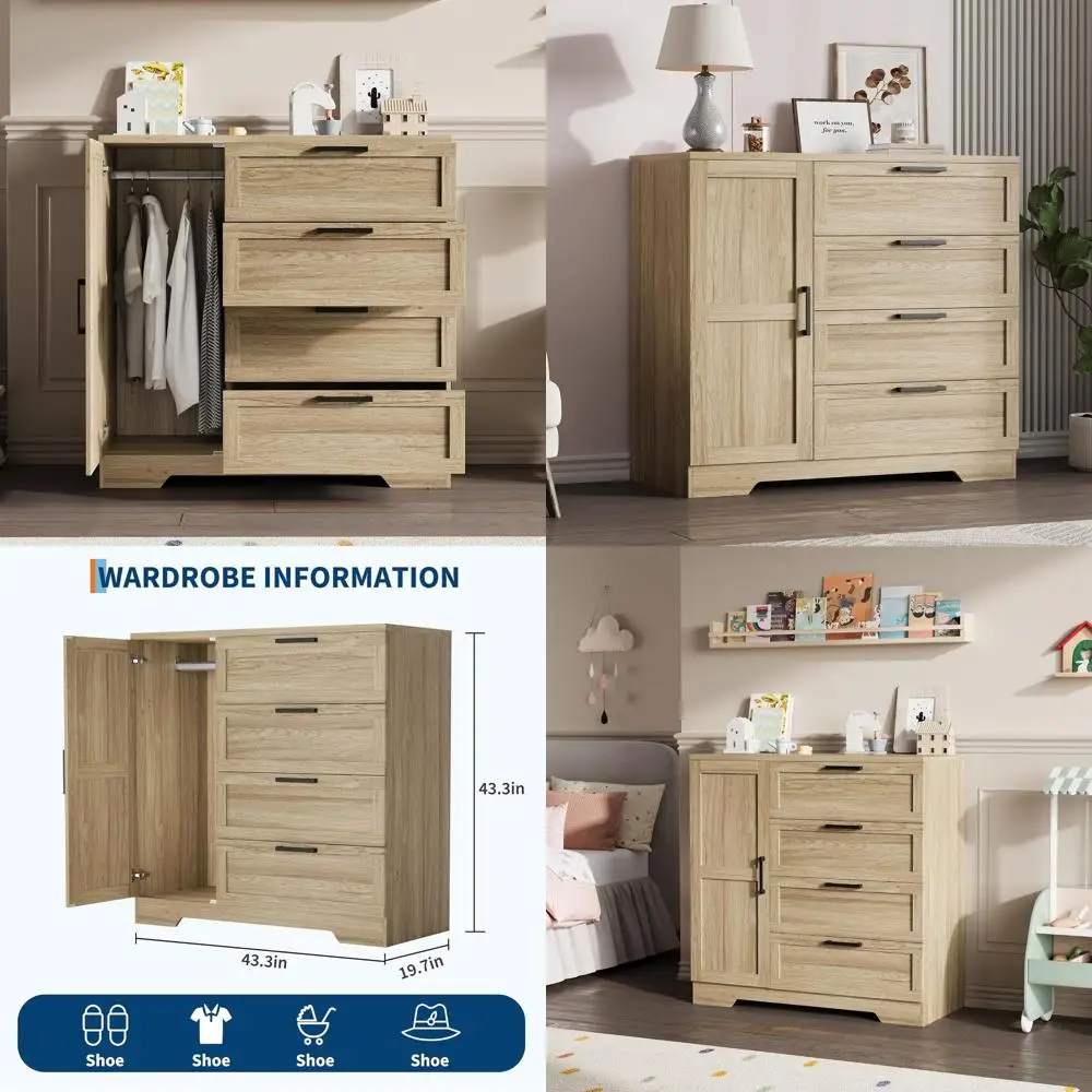 

43.3 High Wooden Armoire with 4 Drawers, Hanging Rod, and Storage for Bedroom, Natural Oak Finish