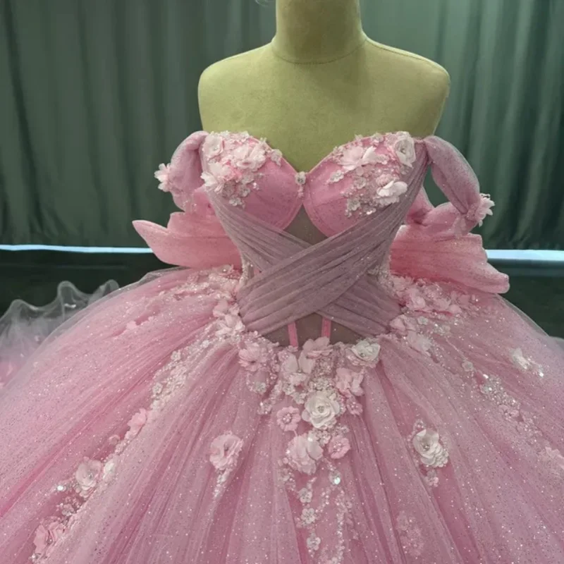 

Customized Shiny Pink Quinceanera Dresses Off the Shoulder decal crystal 3D flower Long tail lace Bow Vestido 15 Quinceanera