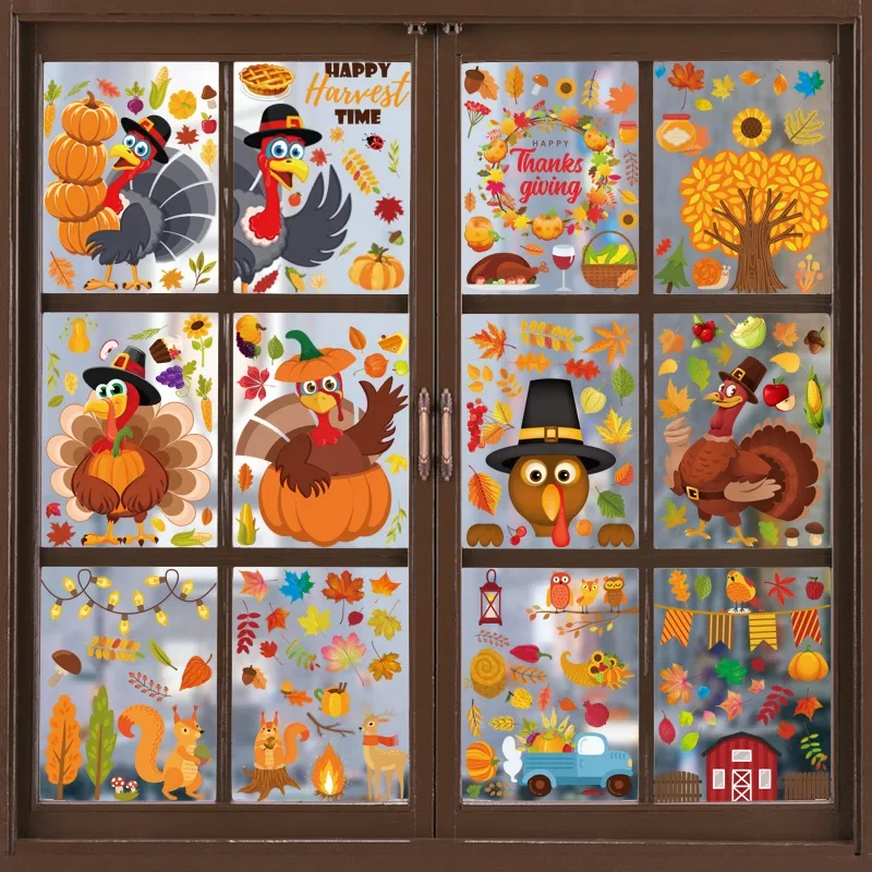 2024 Autumn Theme Farm Holiday Window Glass Stickers Thanksgiving Turkey Static Stickers Maple Leaf Stickers Decor Mall Home