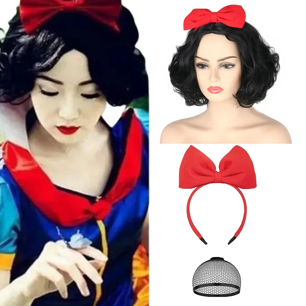 

Synthetic Short Black Curly Wigs + Red Bow Headband for Women Costume Bob Curly Wig for Halloween Cosplay Party Use