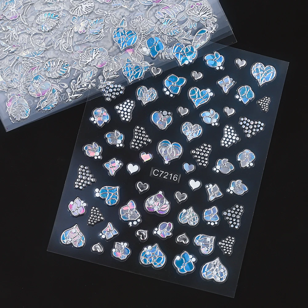 20 stks/set Laser Zilveren Vlinder Nail Art Stickers 3D Bronzing Bloem Bladeren Lijm Sliders DIY Boog Hart Manicure Decals