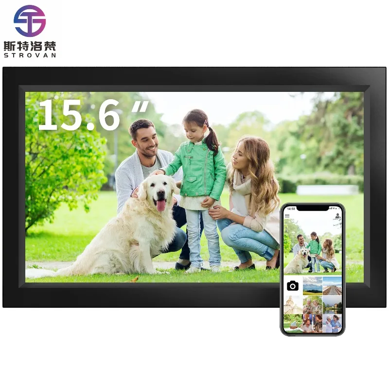 15.6 Inch Acrylic Digital Photo Frame with Touch Screen Square Wifi Clock Function Wall Mountable for Families