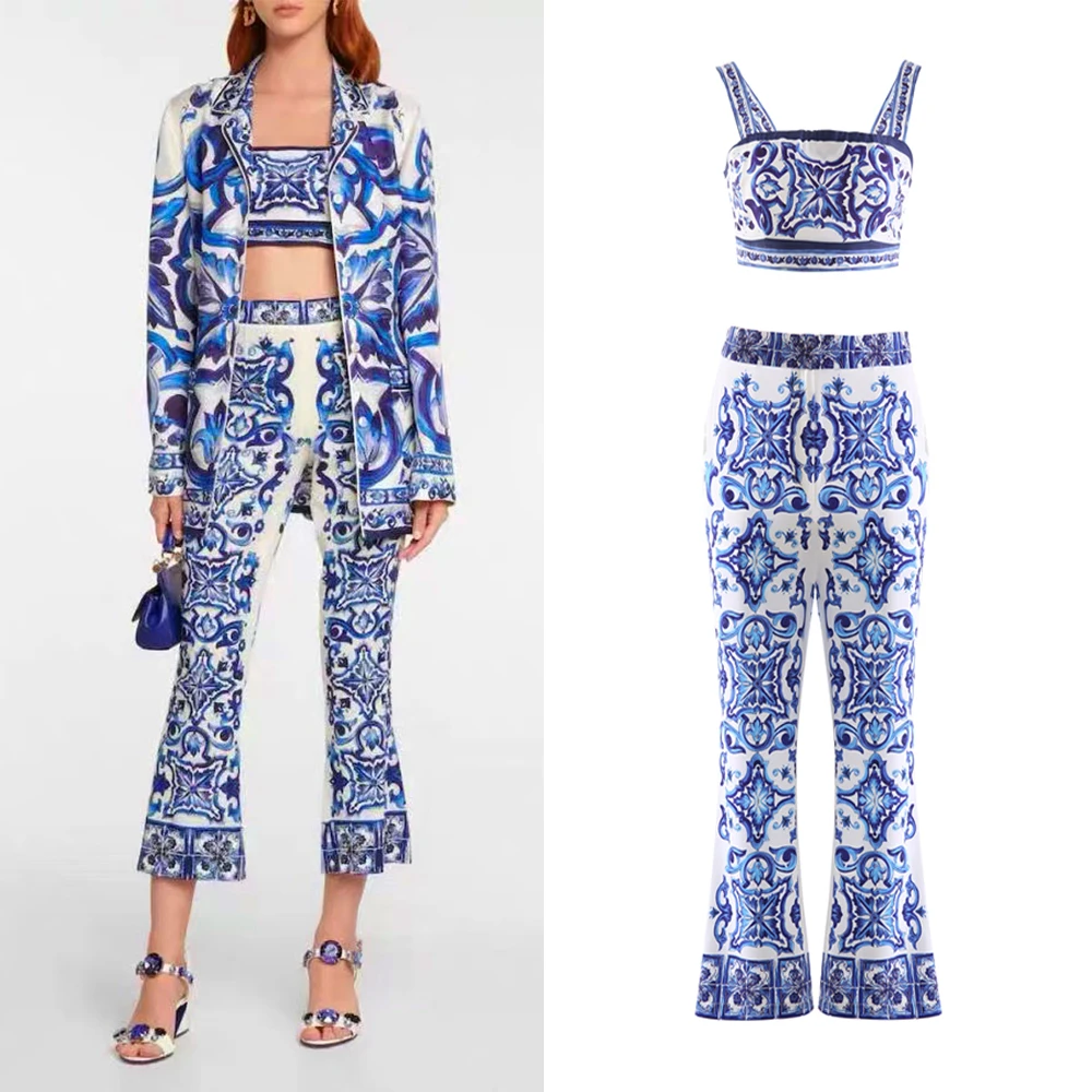 Retro Blue And White Porcelain Small Sexy Two-piece Suit Pants Waist Short Camisole Female Summer Micro-flare Pants S-XXL