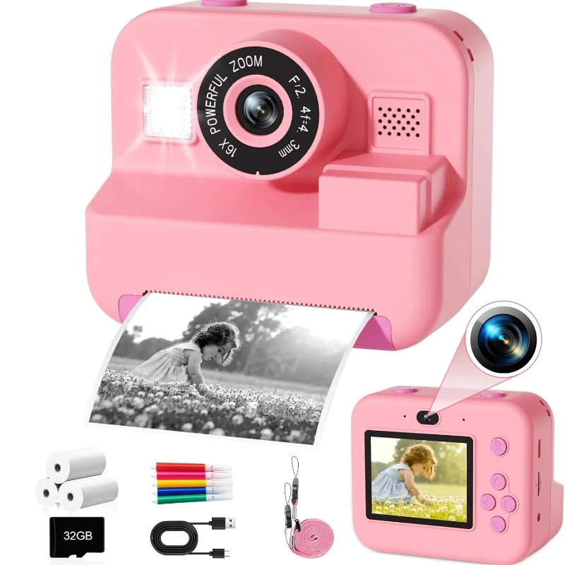 

Digital Children Camera with Instant Print Video Recording 32G Card and Thermal Printing - Perfect Gift for Kids Educational Toy