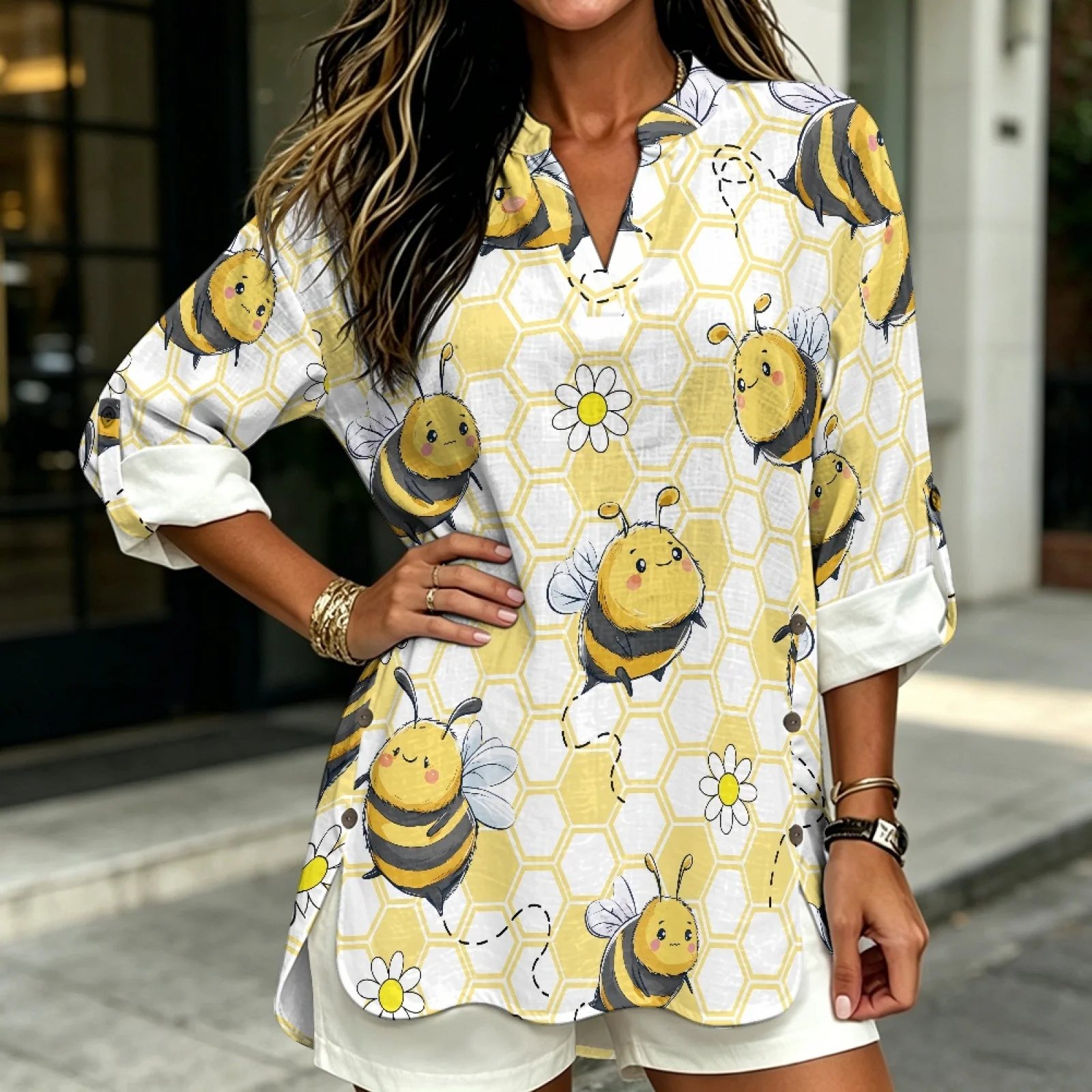 PENSTROLL Cute Bee Honeycomb Linen Style Women's Shirts Workout Tops for Ladies Slit Long Sleeve Tops for Women
