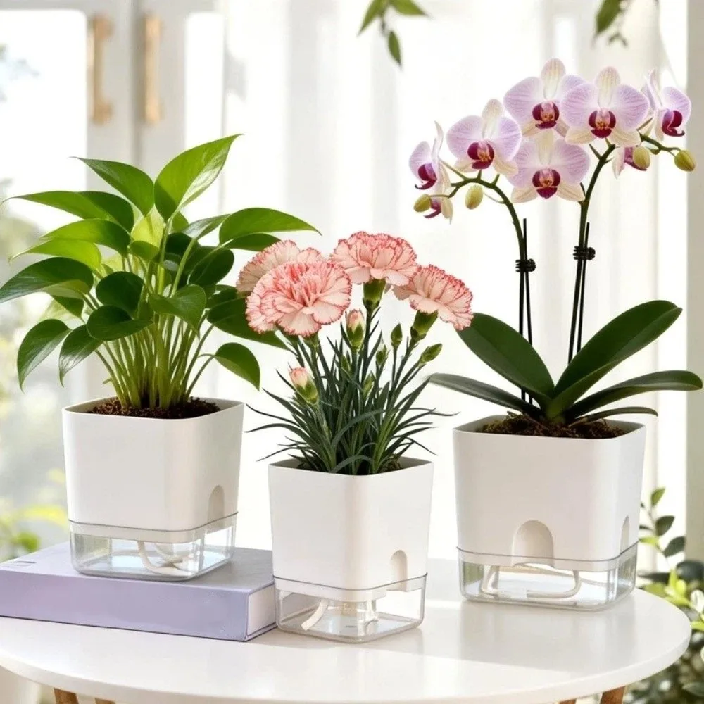 Easy Care Square Shape Self Watering Plant Pots Drainage Hole Patchwork Plant Pots 2-Layer Design Plastic Flower Planters Office