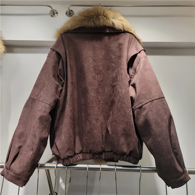 شعبية تصميم جديد نمط فروي طوق سترة يندبروف سترة أعلى سميكة الدافئة المألوف كبير فو الفراء طوق معطف ملابس خارجية #5