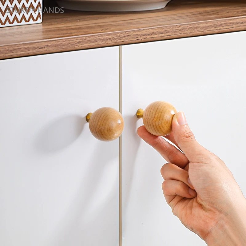 1ชิ้นลูกบิดลิ้นชักเดี่ยวทรงกลมไม้ทึบมือจับประตูตู้โต๊ะห้องนอนของเด็กห่วงเคาะประตู
