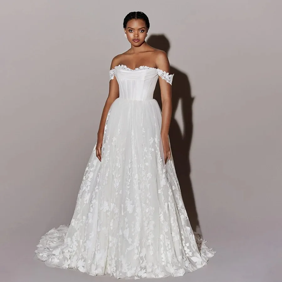 

Off Shoulder Appliques Lace A-line Boho Wedding Gown Back Button Floor Length Bridal Dress with Train Custom Made Vestidos