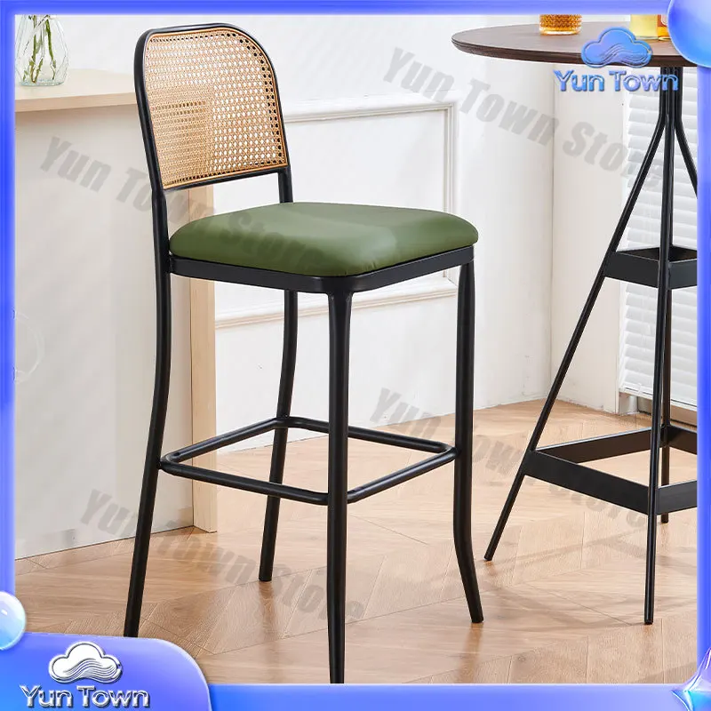 Nordic Modern Style Bar Chair Customizable Iron And Rattan Back High Stool For Dining For Milk Tea Shop Light Luxury Style