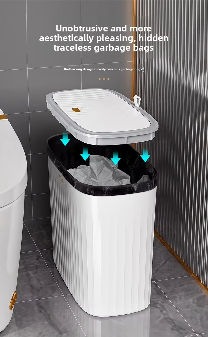 Slim Press-Top Trash Can with Lid, Narrow Bathroom Garbage Bin, Sealed Odor-Proof Plastic Wastebasket, Hidden Garbage Bag Design