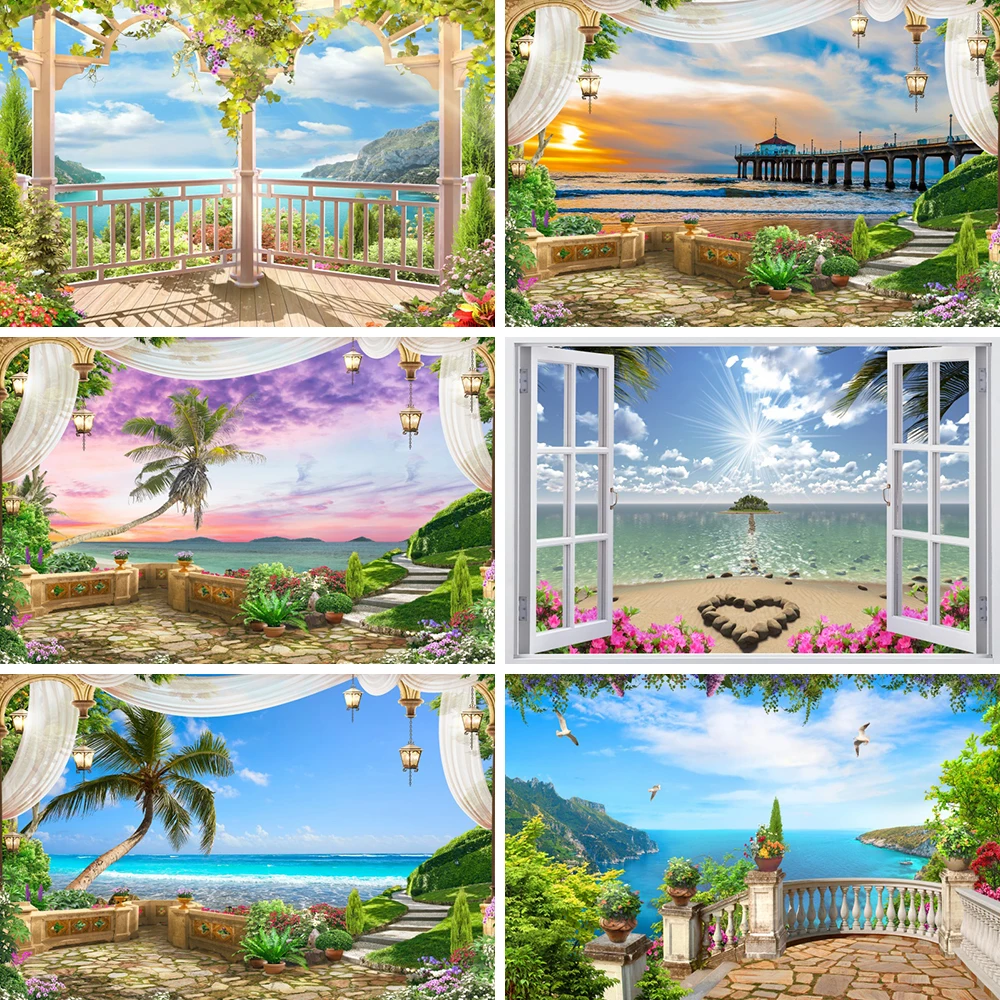 خلفية شاطئ استوائية صيفية ، منظر بحر النوافذ ، أشجار جوز الهند ، أوراق النخيل ، العطلات ، خلفية المالديف ، مستلزمات استوديو الصور