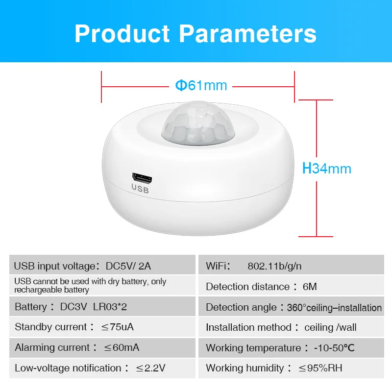 WiFi PIR Smart Motion Sensor Infrared Movement Detector Security Burglar Alarm Sensor Voice Control Work With Alexa Google