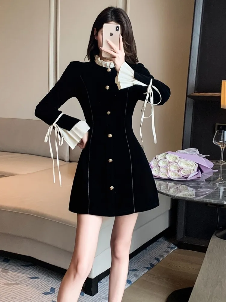 Black Velvet Court Style Mini Dress Women Korean Sweet Simple Office Ladies A-line Ruffles Princess Dresses Autumn Y2k Clothes