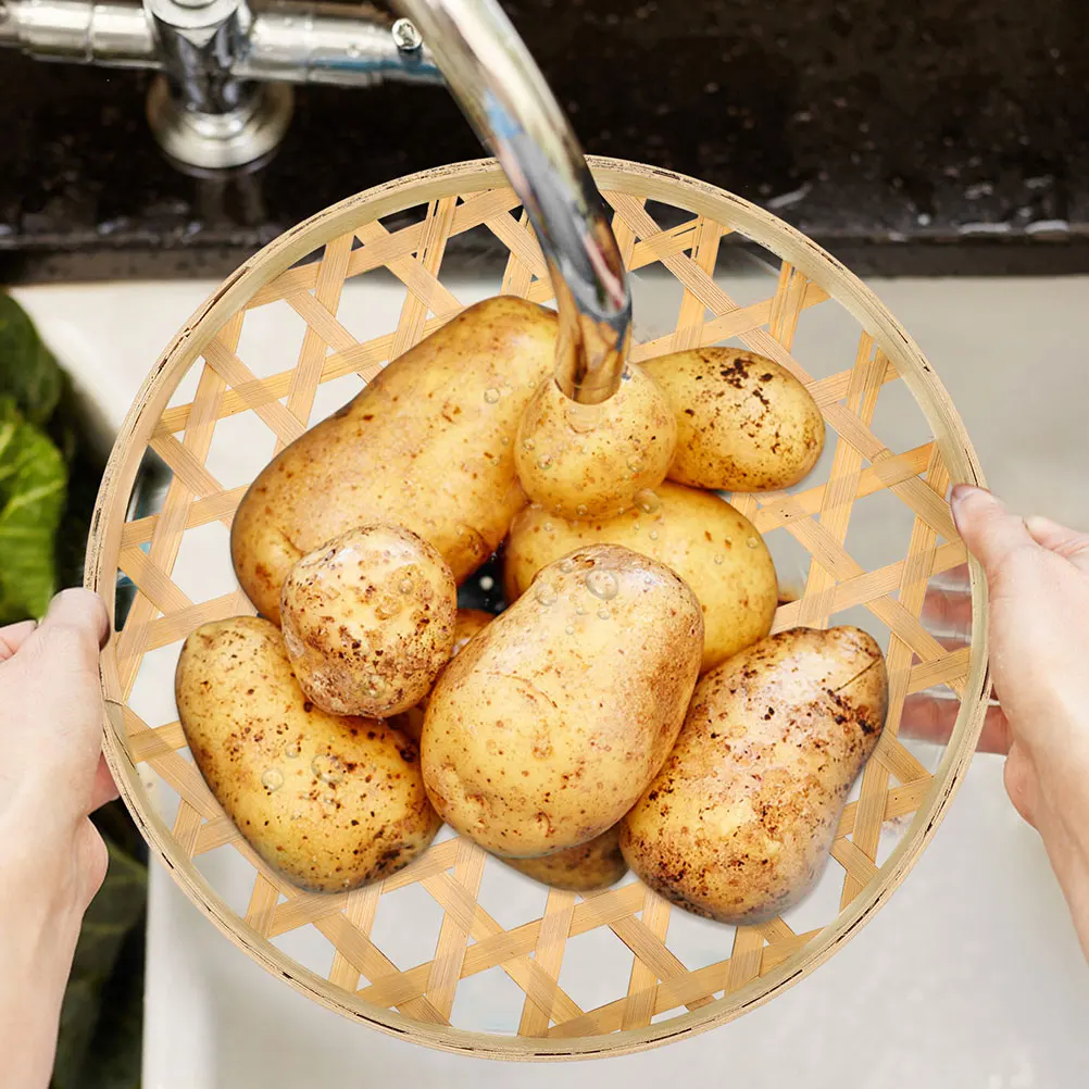 

2 Pcs Bamboo Sieve Basket Kitchen Tray Handmade Fruit Display Hand-woven Flower Vegetables