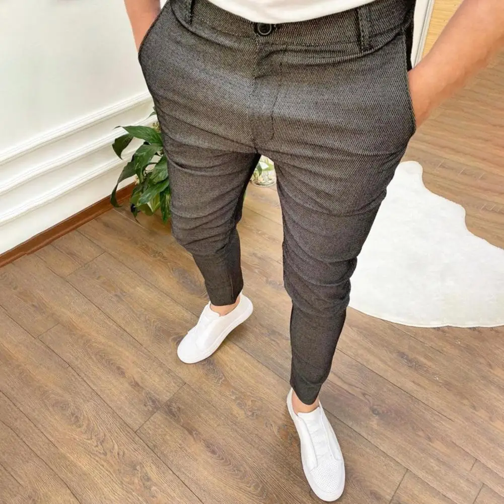 Popular Men Trousers Mid Waist Washable Slim Fit Mid Rise Pencil Pants  Skin-touch Long Pants for Office