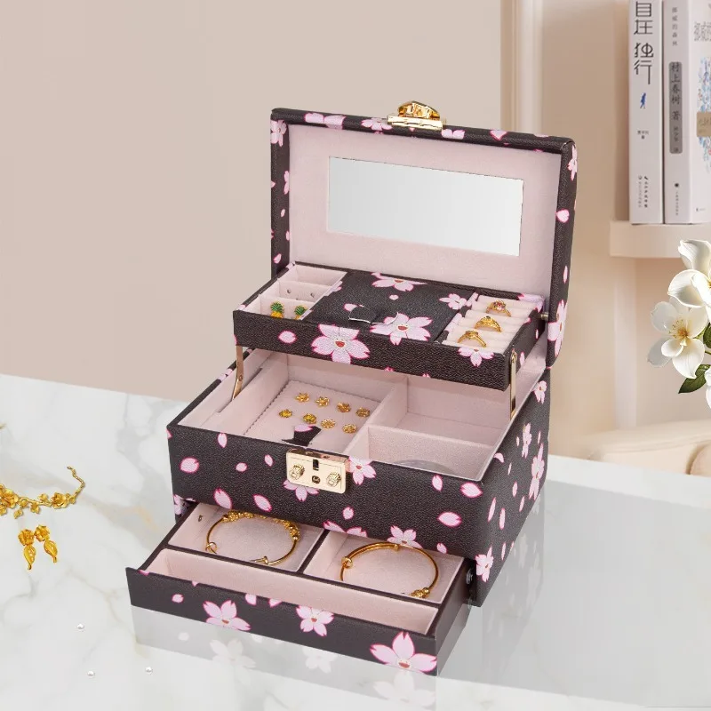 صندوق مجوهرات جلدي فاخر مرآة أقراط صناديق تخزين القلائد سعة كبيرة عرض حالة عرض المجوهرات متعددة الطبقات