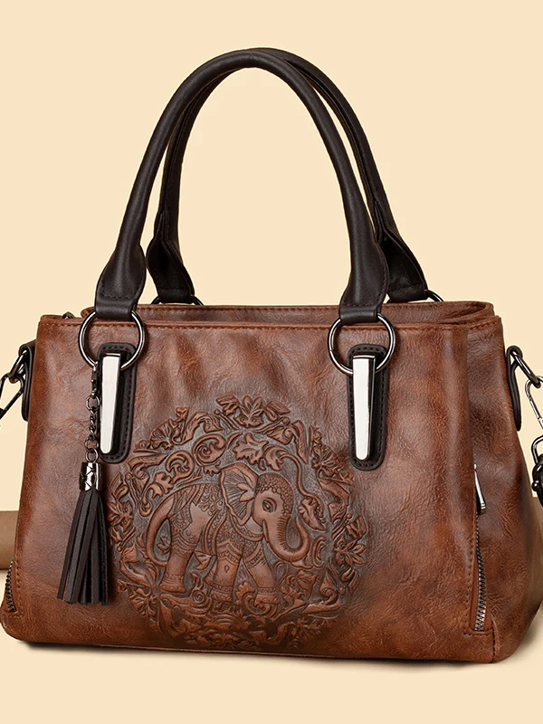

Vintage Leather Handbag Women's Large Capaci Carved Elephant Single oulder Slant Cross Bag Tote Bag 2025 New Sle