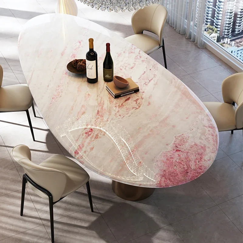Luxury stone rose rainbow marble dining table, water drop-shaped light luxury high-end villa oval dining table
