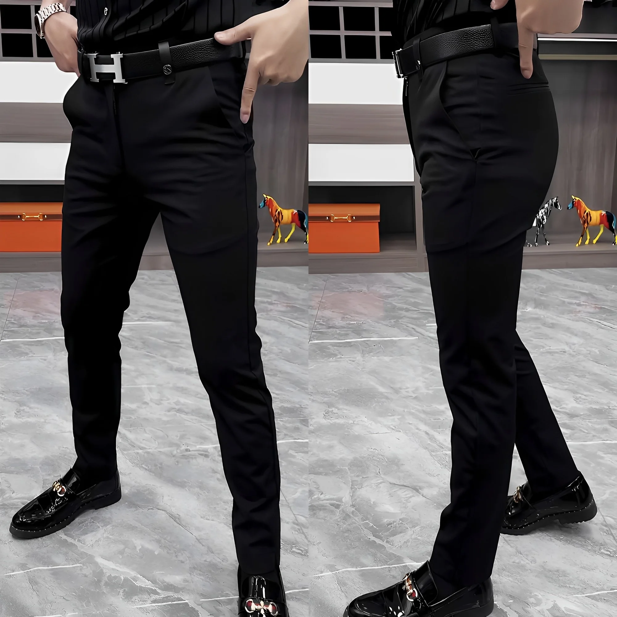 

Деловые повседневные черные брюки для мужчин, модные универсальные брюки в корейском стиле, премиум-класса, весенне-летние, прямого кроя