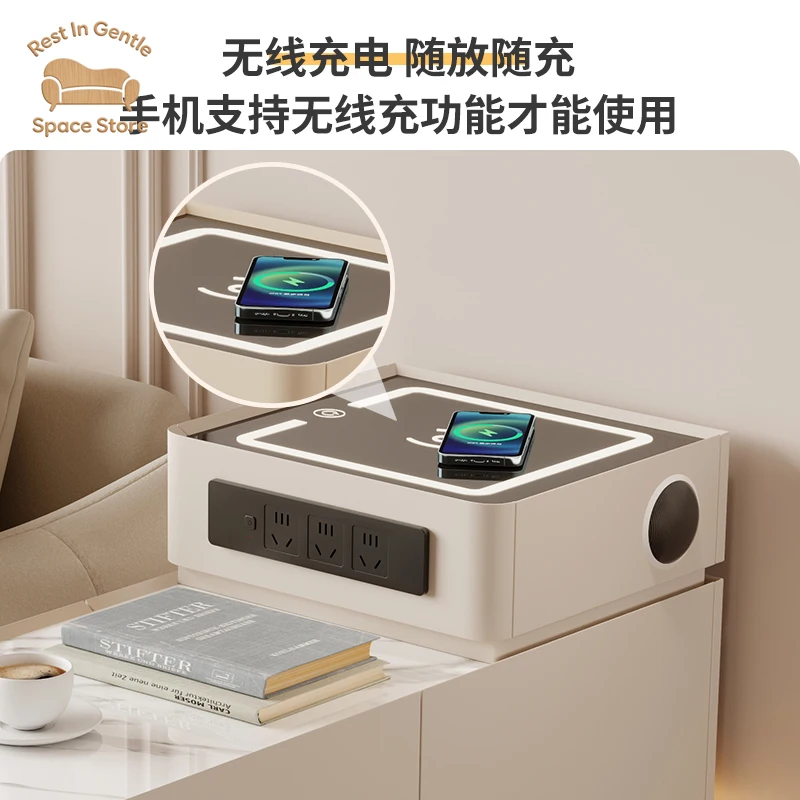 Sofa side cabinet, armrest with light strip socket, light luxury, high-end small apartment, living room, multi-functional