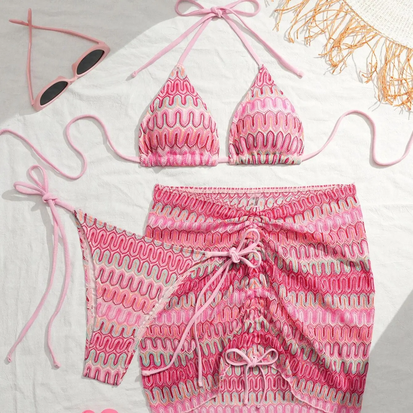 

Lingerie Sets 2026 Women's 3 Piece Ombre Bikini Set Halter Neck Embroidered Two Piece Sexy Beach Swimsuit Summer Outfits Holiday