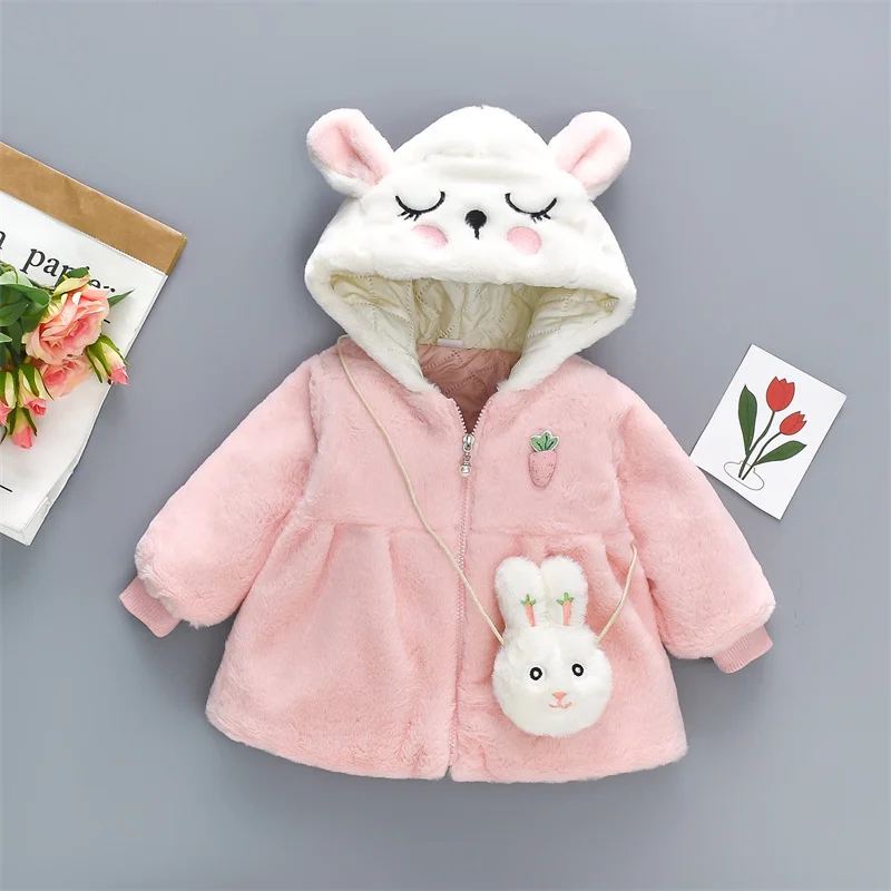 2Pcs/Set Cute Rabbit Ear For Baby Girl Winter Warm Thicken Children Jacket Trend Lovely Kid Cotton Coat Toddler Clothes Overcoat