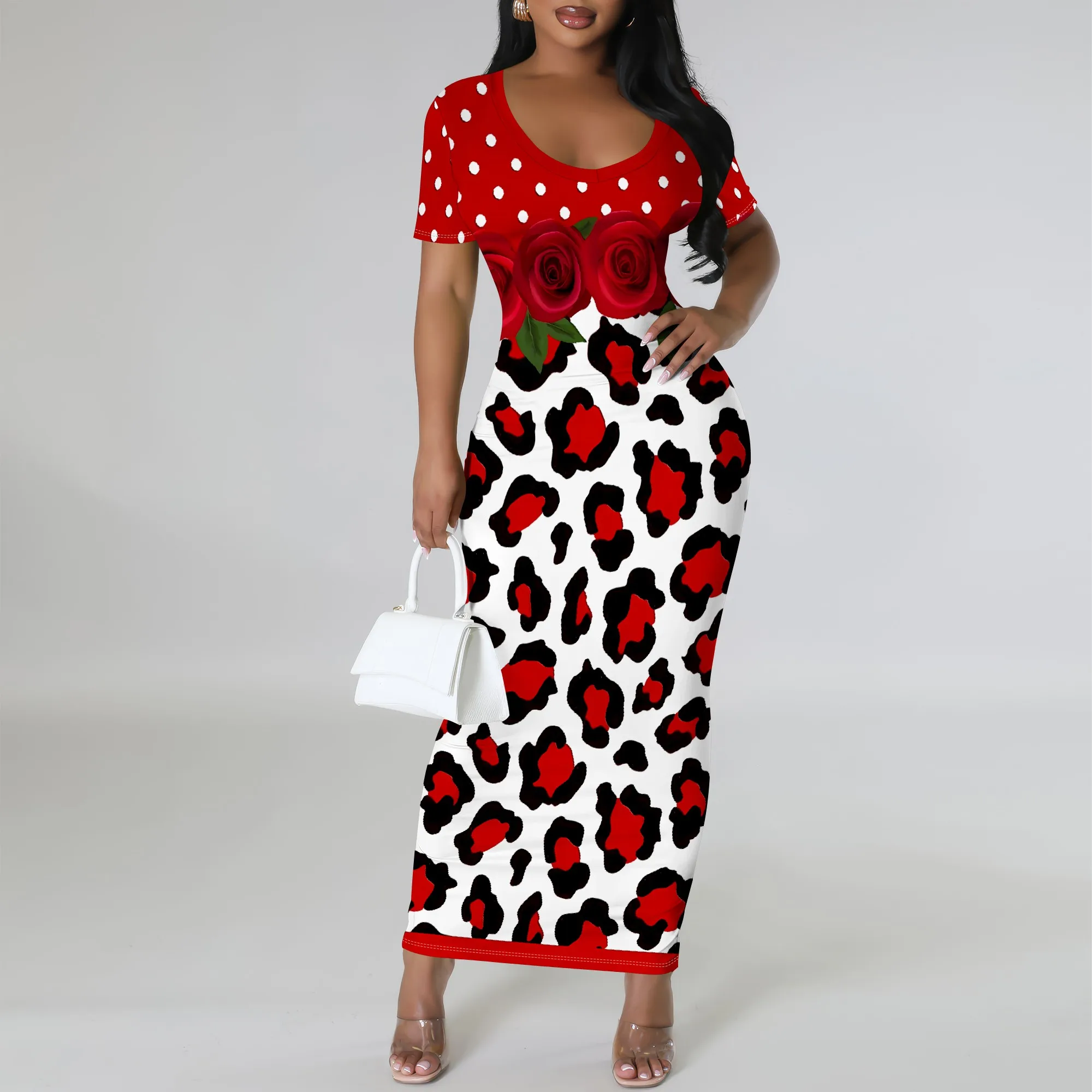 

Nupusa Polka Dot & Rose Print Dress for Women Regular Size Summer Casual Round Neck Short Sleeve