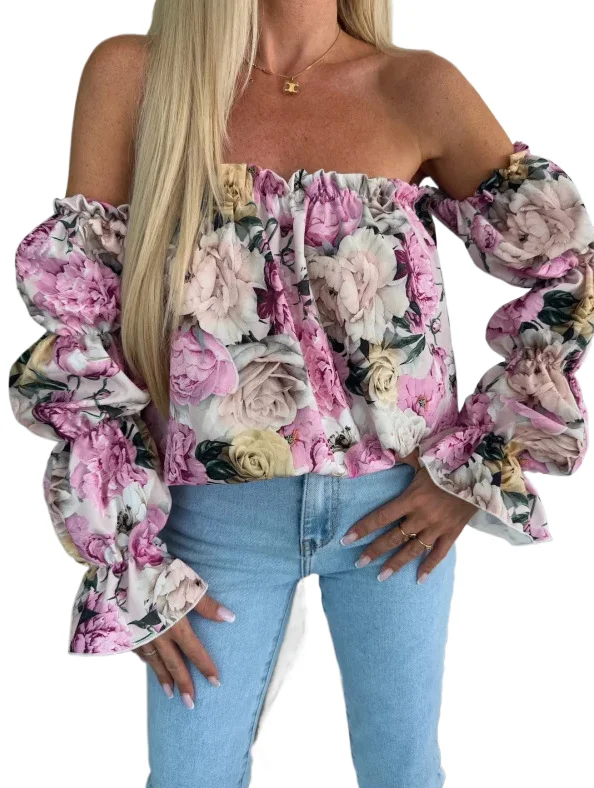 

Sexy Off-shoulder One-collar Pullover Top For Women Elegant Puff Sleeve Print Chiffon Short Shirt Spring Fashion New Slim Tops