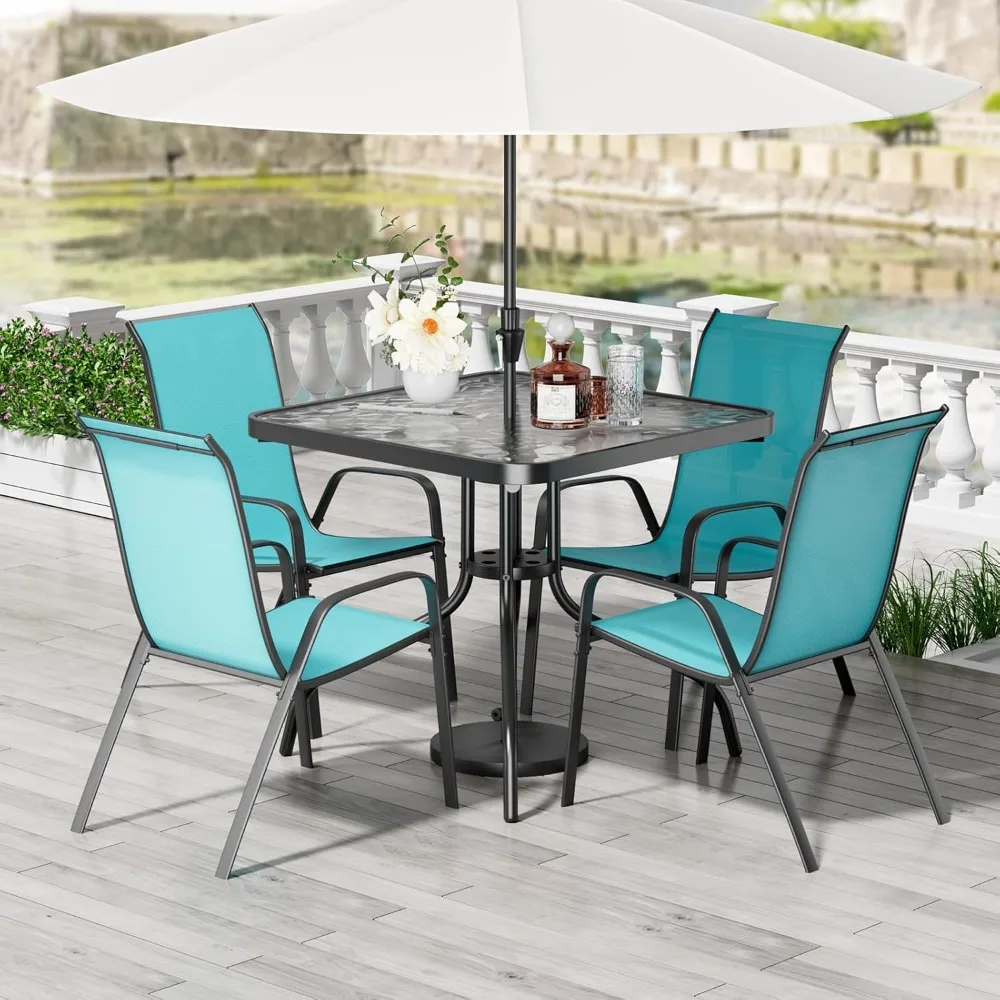 

Patio Dining Set 5 Pieces, All Weather Outdoor Furniture W/30"X 30" Table and 4 Stackable Textilene Chairs, Metal Table and Cha