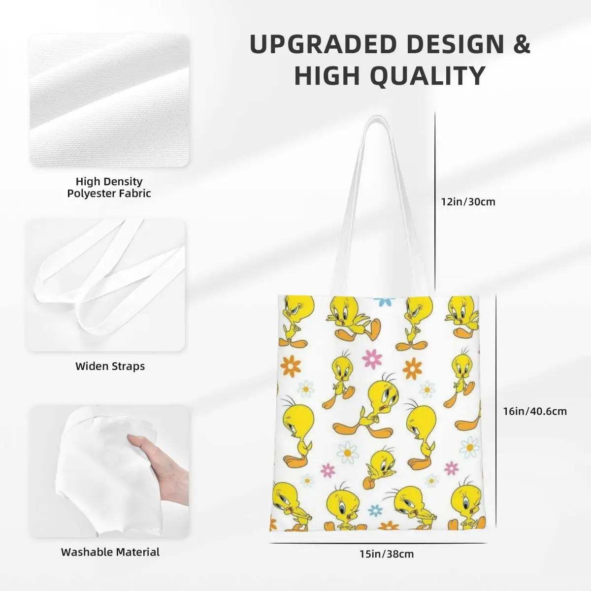 Custom Tweetys Cartoon Animation Yellow Bird Grocery Tote Shopping Bag Women Canvas Shoulder Shopper Bags Large Capacity Handbag