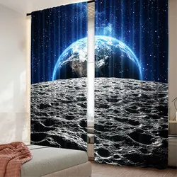 2Pcs Galaxy Curtain View Of Earth Globe From The Moon Surface Out Space Dark Matter Galaxy For Bedroom Living Room And Dining