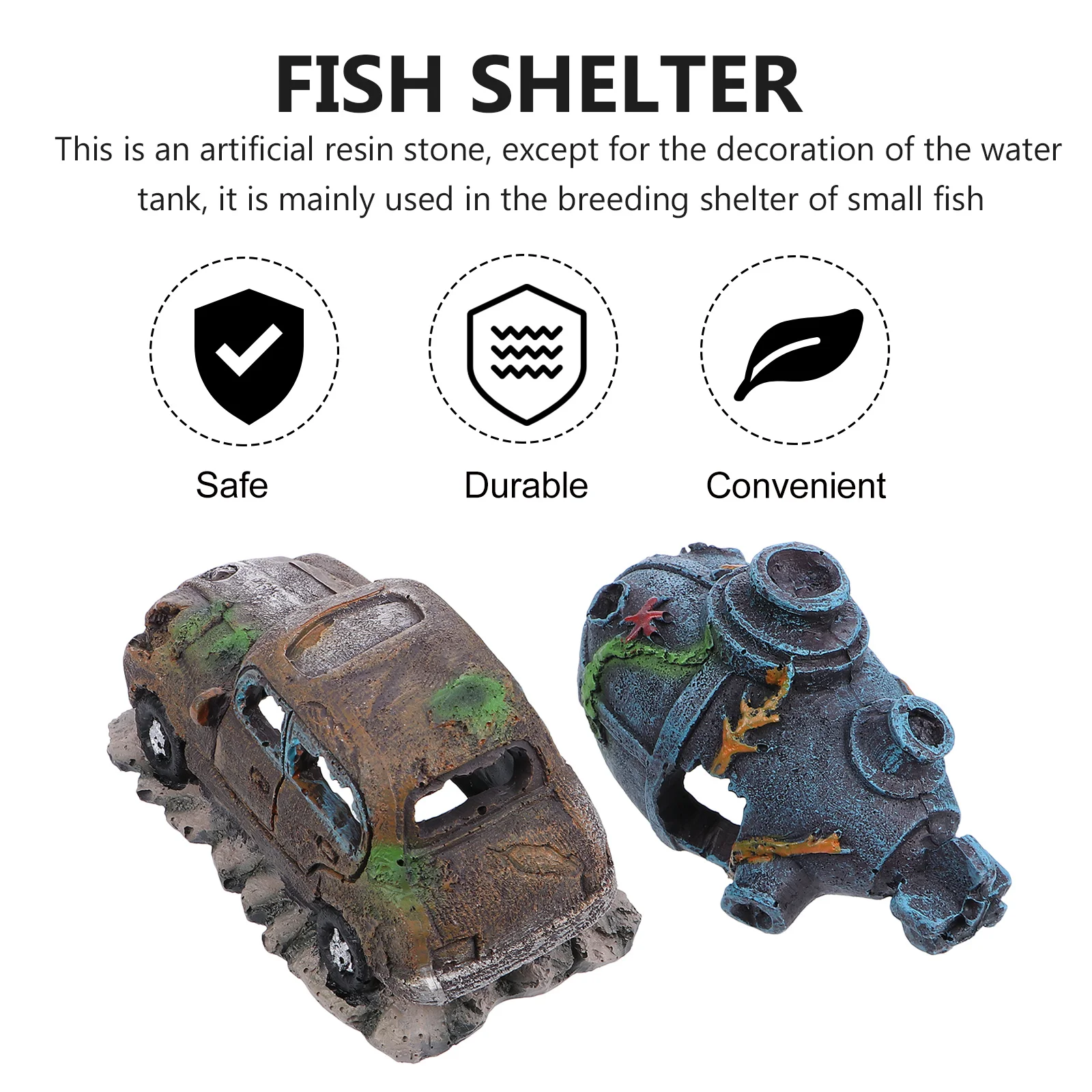 

2Pcs Cartoon Resin Ornaments Vintage Car Sea Submarine Aquarium Landscape Fish Tank Decor Safe for Fresh Salt Water