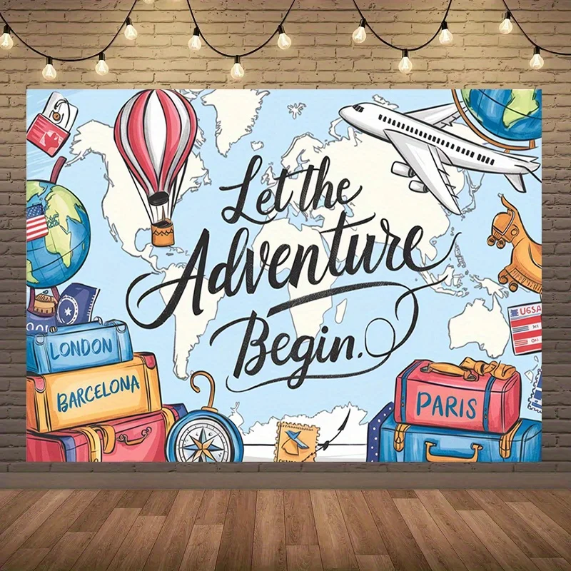 2D Flat, Travel Adventure Tapestry World Map Airplane Hot Air Balloon Suitcase Compass Explore Wanderlust Wall Art